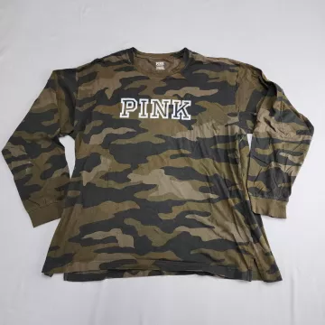 PINK Victoria's Secret Camo Long Sleeve T-Shirt Womens XL Graphic Print Cotton - Front