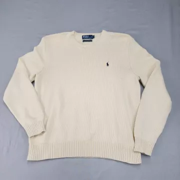 Polo Ralph Lauren Womens L Ivory Cotton Crewneck Sweater Embroidered Pony - Front