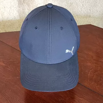 Puma Baseball Cap Hat Men's S/M Black Stretch Fit Metal Cat Logo Curved Bill - Front