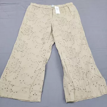 purejill ELEMENTS Cropped Pants Women MP Petite Bamboo Beige Eyelet Pull On - Front