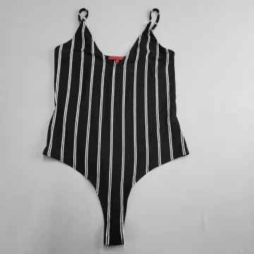 red by BKE Womens Large Black White Striped Thong Bodysuit V-Neck Snap Crotch - Front