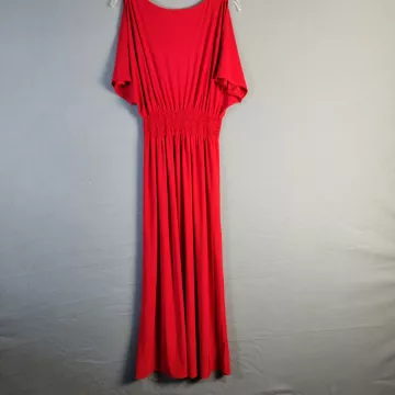 Red Maxi Dress Womens Size L Smocked Waist Dolman Short Sleeve Stretch Jersey - Front