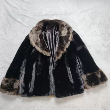Regina Vintage Faux Fur Cape Poncho Glenoit Black Brown Collar Arm Slits S - Front