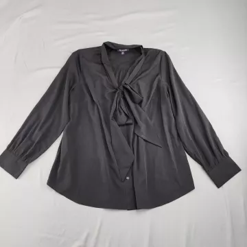 ROAMAN'S Plus Size XL 18W Black Tie-Neck Blouse Long Sleeve Button Cuff - Front