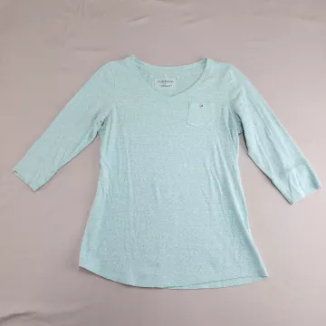 RuffHewn Women's S Aqua Blue Heathered V-Neck 3/4 Sleeve T-Shirt Chest Pocket - Front