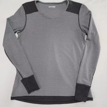 Saucony Womens M Black White Striped Long Sleeve Activewear Top Thumbholes - Front