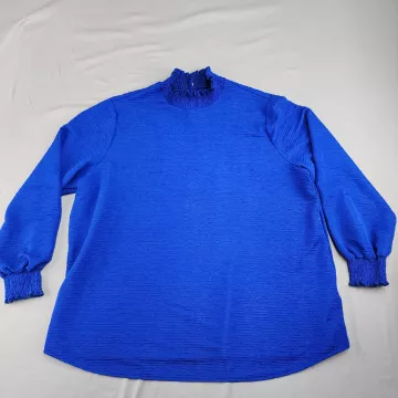 SHEIN CURVE 3XL Royal Blue Textured Mock Neck Blouse Long Balloon Sleeve Ruffled - Front