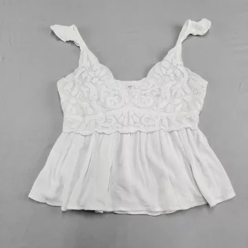 SHYANNE White Peplum Top L Embroidered Smocked Back Adjustable Straps Sleeveless - Front