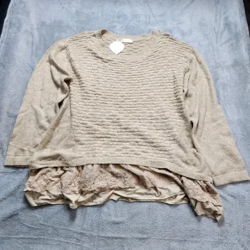Simply Couture Sweater Women's 3XL Beige Textured Knit Lace Hem Layered Pullover - Front