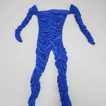 SJL APPAREL Womens S Blue Ruched Off Shoulder Long Sleeve Jumpsuit Stretch - Front