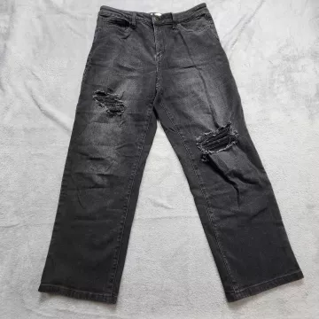 SO High Rise Straight Jeans Juniors Size 13 31W Black Distressed Ripped Stretch - Front