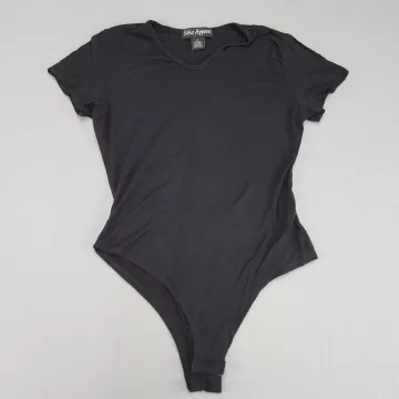 Soho Apparel Women's S Black V-Neck Bodysuit Short Sleeve Knit Stretch Top - Front