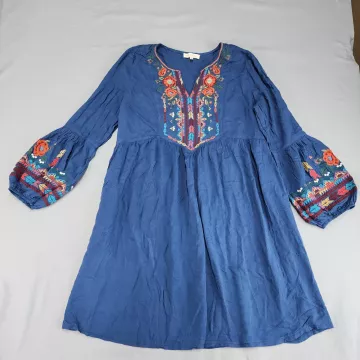 SOLITAIRE Embroidered Shift Dress Women's XL Deep Blue V-Neck Bell Sleeve Rayon - Front