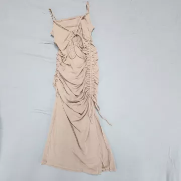 Sophie Rue Tan Ribbed Knit Ruched Side Slit Dress Womens Large Square Neck Midi - Front