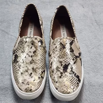 Steve Madden Safary Slip On Sneakers Womens 9 Gold Metallic Snake Print Casual - Front
