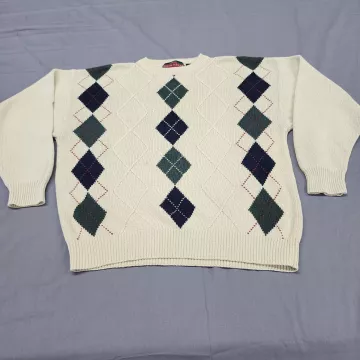 Stone Haven Men's XL Cream Argyle Crew Neck Pullover Sweater Ramie Cotton Knit - Front