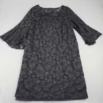 studio one new york 18W Plus Shift Dress Charcoal Grey Floral Lace Bell Sleeve - Front