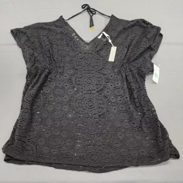 Sunshine 79 Black Crochet Open Knit Swim Cover Up Tunic Drawstring Size S/M - Front