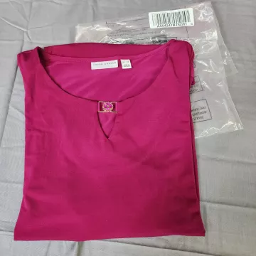 Susan Graver Tunic Top Womens 5X Pink Baroque Berry Keyhole Stretch Long Sleeve - Main