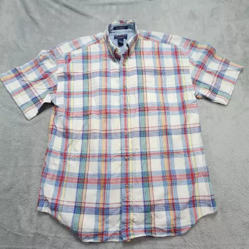 Sutter & Grant Men's L Button Up Shirt Indigo Chambray Plaid Short Sleeve Cotton - Front