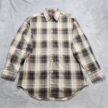 T. Harris London Button Up Shirt Men's Large Plaid Long Sleeve 100% Cotton Beige - Front