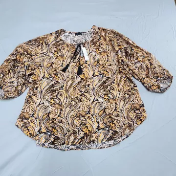 Tahari Womens Plus Size 3X Blouse Black Orange Paisley Tie Neck Peasant Top - Front