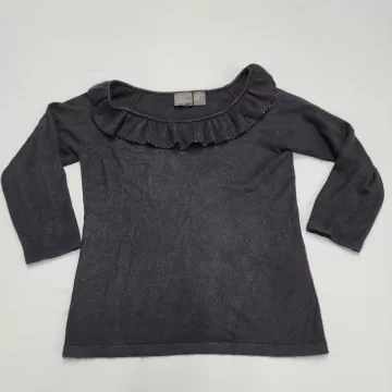 Tailor B. Moss Womens M Sweater Black Ruffle Beaded Scoop Neck 3/4 Sleeve Knit - Front