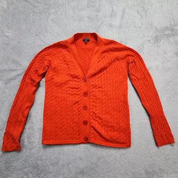 Talbots Cable Knit Cardigan Sweater Womens Size Mp Medium Petite Orange Cotton - Front