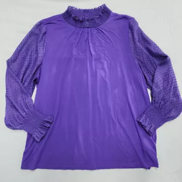 Talbots Womens 2X Purple Mock Neck Blouse Sheer Long Sleeve Smocked Keyhole - Front