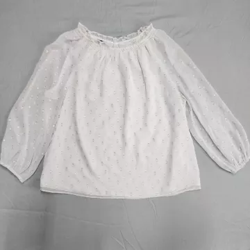 Talbots Womens 2X White Peasant Blouse Metallic Polka Dot Smocked Long Sleeve - Front