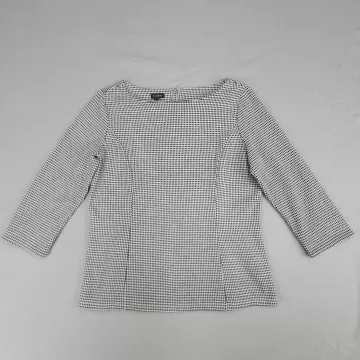 Talbots Womens Blouse M Black White Geometric Boat Neck 3/4 Sleeve Stretch Top - Front