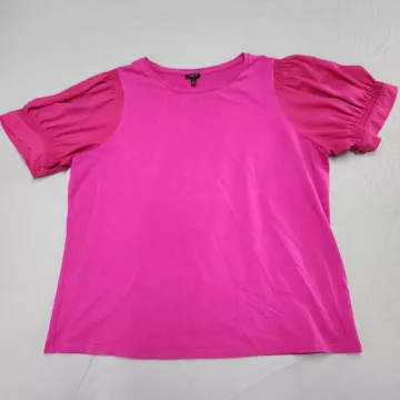 Talbots Womens Plus Size 2X Pink Puff Sleeve T-Shirt Mixed Media Crew Neck Top - Front