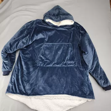 the Comfy Wearable Blanket Hoodie Oversized Hooded Sherpa Lined Navy Blue One Si - Front
