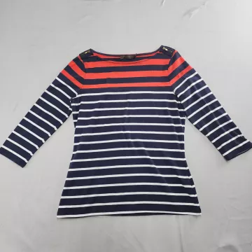 The Limited Womens M Striped Top Navy Red Boat Neck 3/4 Sleeve Zipper Shoulder - Front
