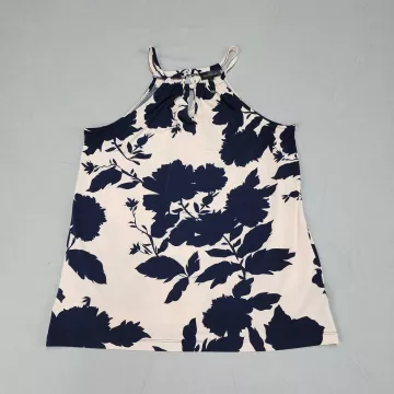 The Limited Womens S Navy Blue Floral Halter Blouse Sleeveless Keyhole Top - Front