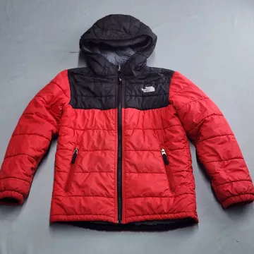 The North Face Boys M Reversible Puffer Jacket Red Black Fleece Lined Hooded - Front