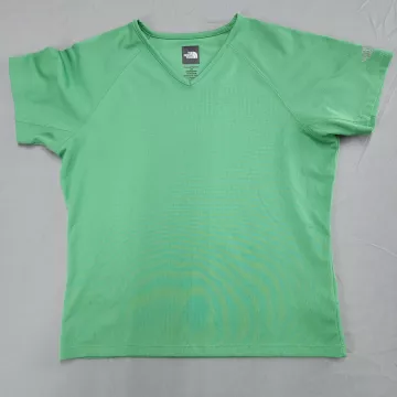 The North Face Women L Green V-Neck Short Sleeve Athletic T-Shirt Stretch Top - Front