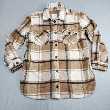 Thread & Supply Womens L Shacket Jacket Tan Ivory Plaid Fleece Button Front - Front