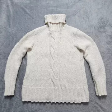 Tommy Bahama Women's Sweater Size S Ivory Cable Knit Turtleneck Cotton Pullover - Front