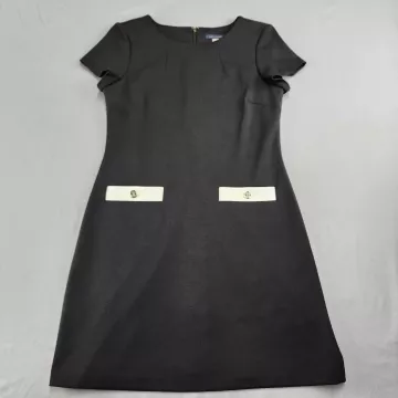 TOMMY HILFIGER Black Shift Dress Women's M Crew Neck Short Sleeve Gold Buttons - Front