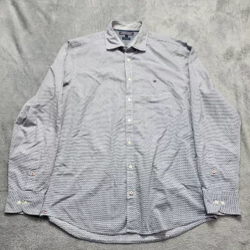 Tommy Hilfiger Shirt Men's Large New York Fit Button Up Blue Geometric Cotton - Front