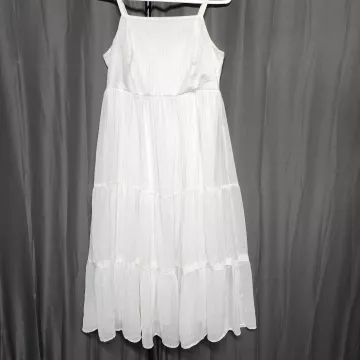 Torrid Size 00 M White Gold Striped Tiered Maxi Dress Smocked Spaghetti Strap - Front