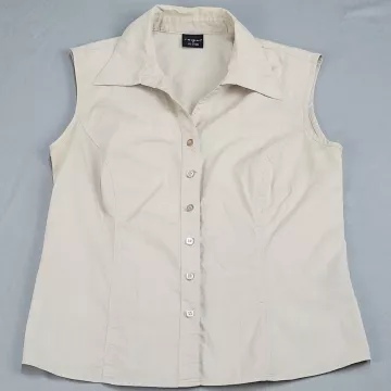 Tribal Women's Size 6 Beige Stretch Cotton Sleeveless Button Up Collared Blouse - Front