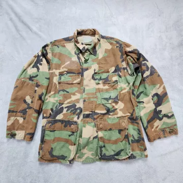 US Military BDU Coat Jacket Medium Regular Woodland Camo Ripstop Vintage 1989 - Front