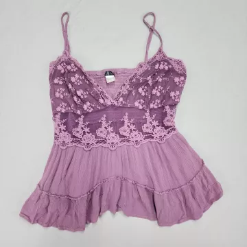 Venus Womens 16 Purple Lace Peplum Blouse Smocked Adjustable Strap V-Neck Top - Front