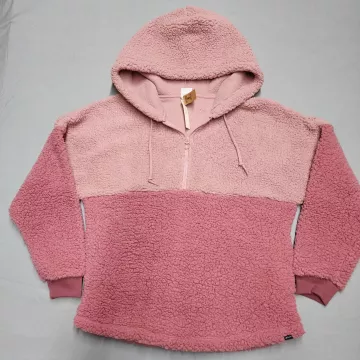 Victoria's Secret PINK Sherpa Fleece Half Zip Hoodie Pink Colorblock Womens S - Front