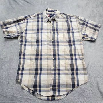 Vintage Chaps Ralph Lauren Shirt Men's L Beige Plaid Short Sleeve Button Up CRL - Front
