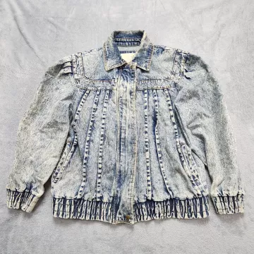 Vintage Gitano Denim Jacket Women's Large Acid Wash Blue Bomber Puff Sleeve 80s - Front