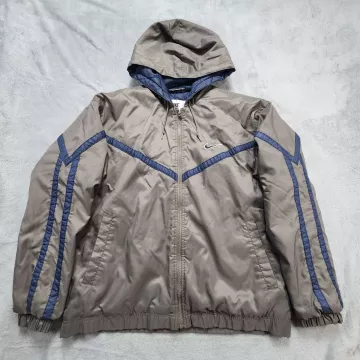 Vintage Nike Windbreaker Jacket Men's M Gray Navy 90s Insulated Hooded Swoosh - Front