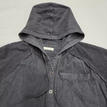 We The Free Men's L Gray Short Sleeve Button Front Hooded Shirt Frayed Hem - Main